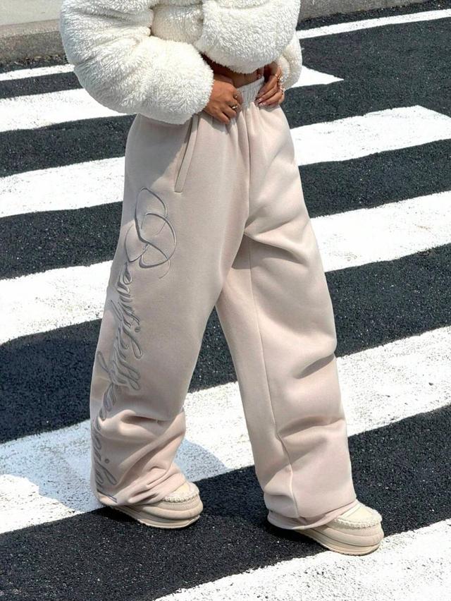 beige embroidered thermal lined baggy sweatpants