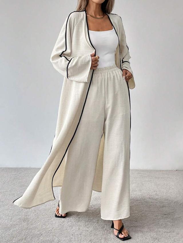 beige long sleeve contrast trim loose coat