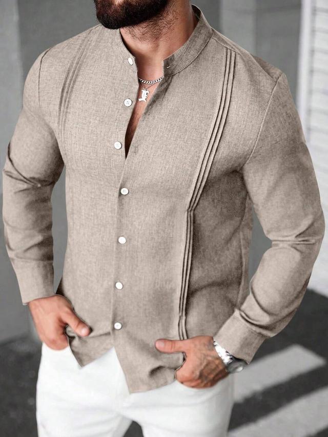 tan khaki linen blend stand collar button shirt