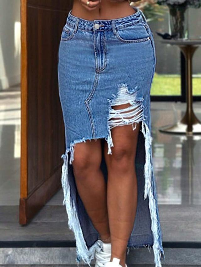 women's casual high-waist denim skirt with front ripped holes and fringed hem