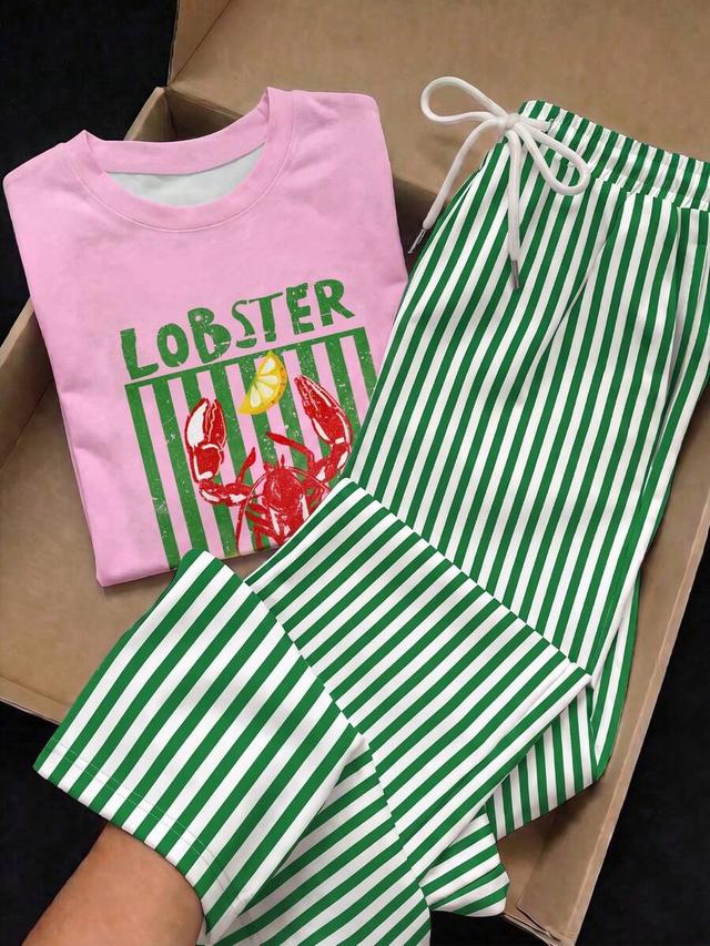 pink round neck short sleeve lobster print top