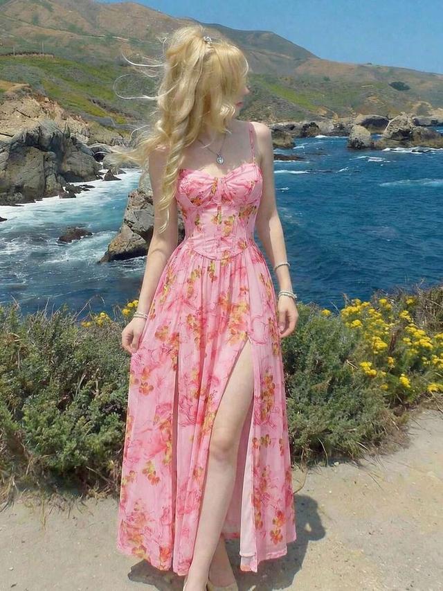 pink floral corset camisole dress with high slit
