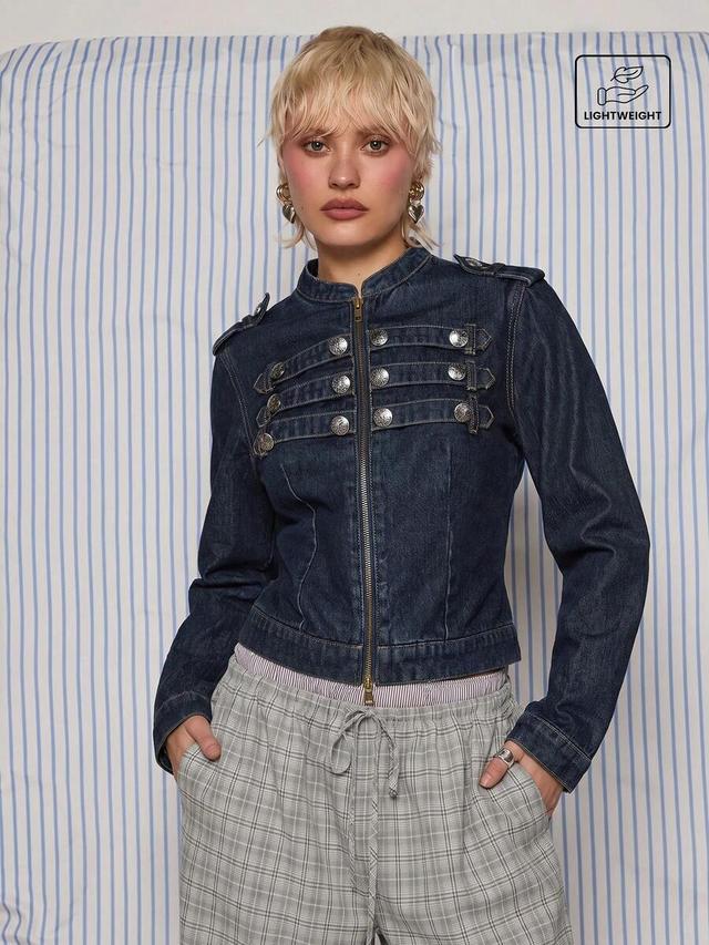 dark wash denim military style jacket