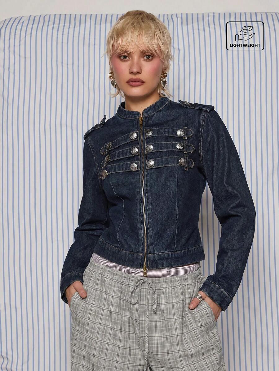 dark wash denim military style jacket
