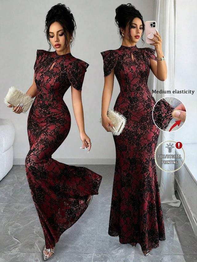burgundy and black lace mermaid evening dress