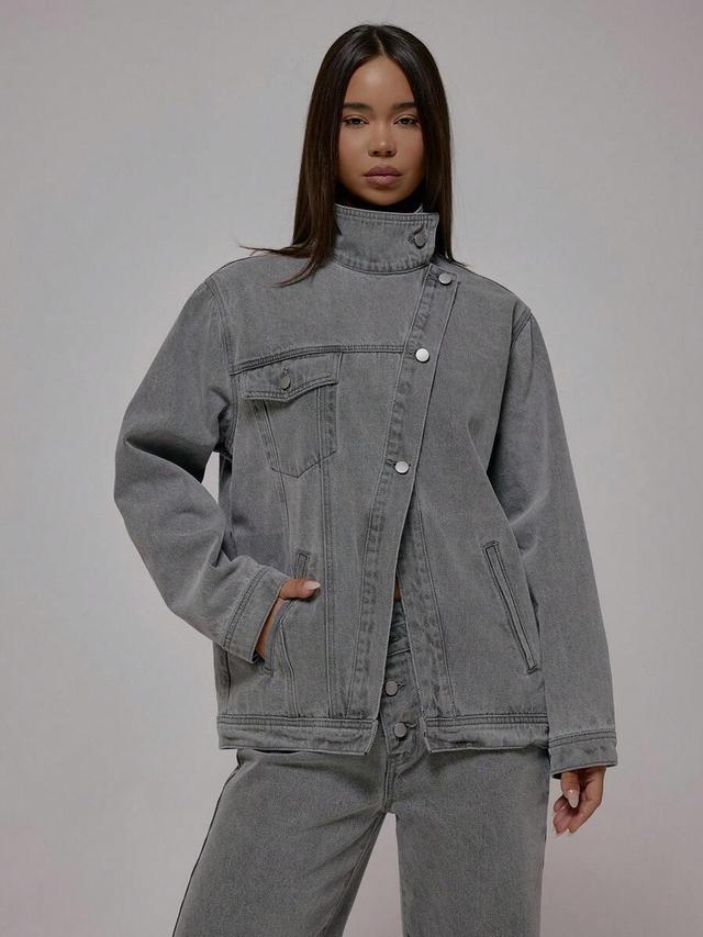 musera high neck asymmetrical button denim jacket