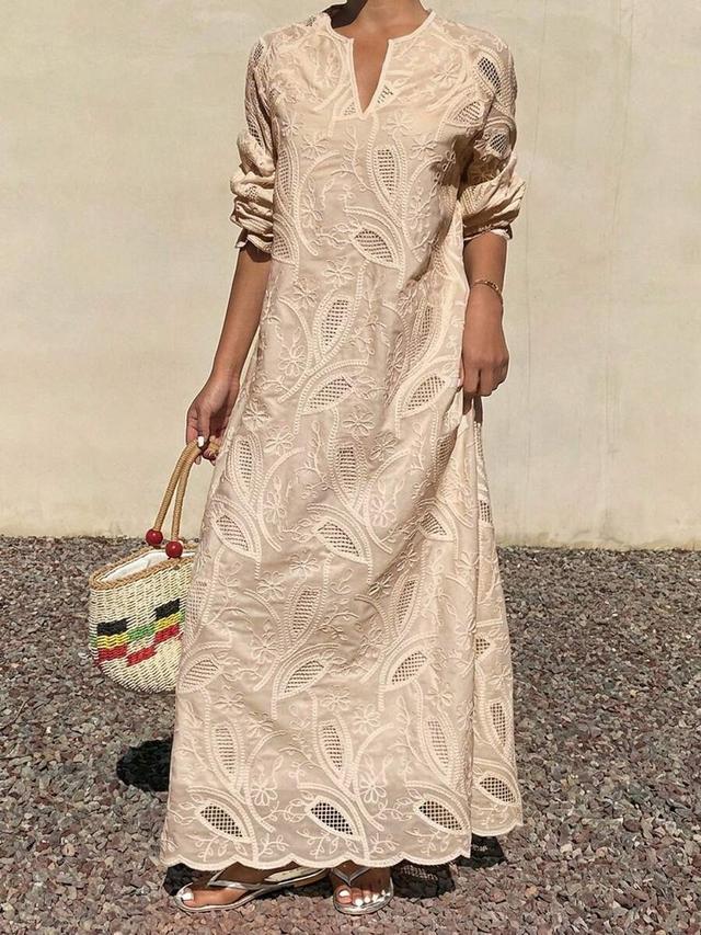 beige hollow out textured elegant long sundress