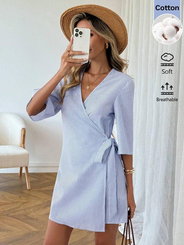blue and white striped cotton wrap dress