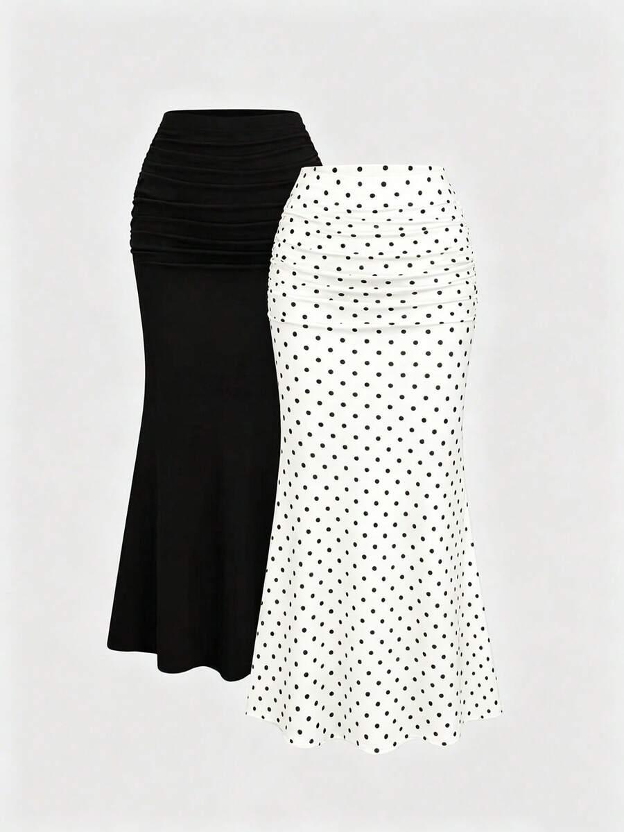 white polka dot and black polka dot pleated mermaid skirt