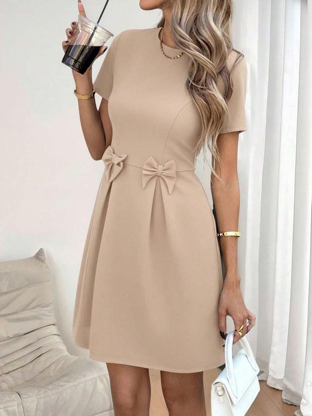 casual bow tie short sleeve beige party dress