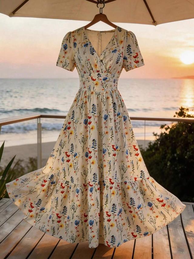 floral v-neck short sleeve elegant vacation dress