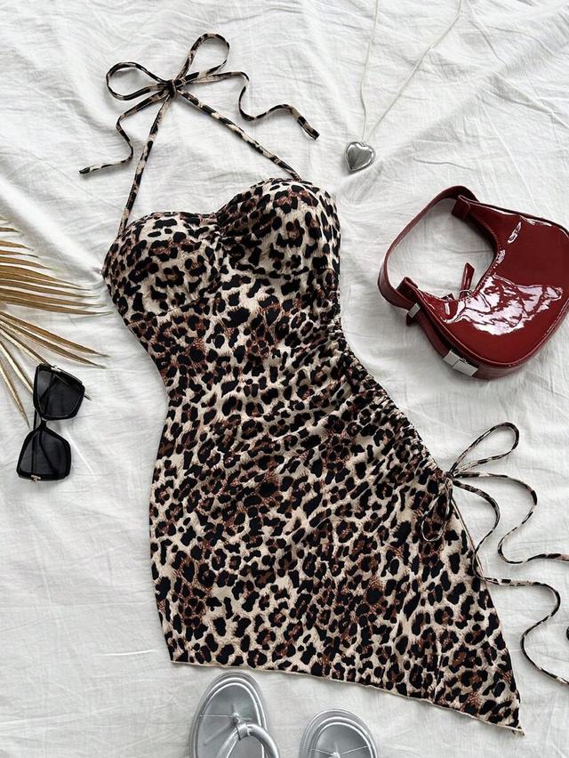 leopard print halter drawstring asymmetric hem fitted dress
