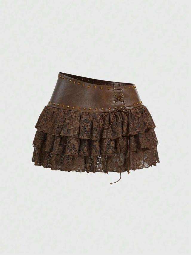 brown faux leather and lace tiered mini skirt