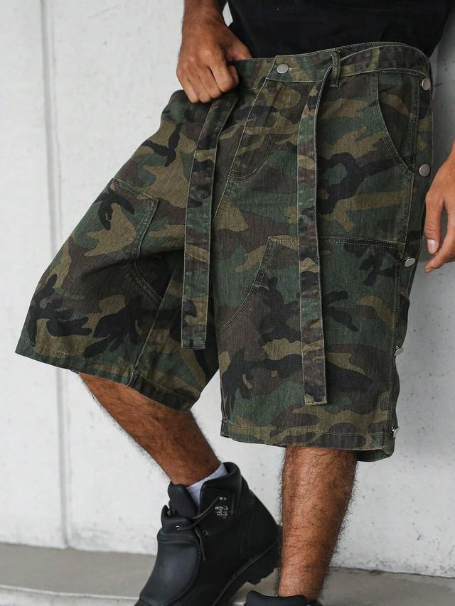 patchwork camo wide leg denim shorts with belt