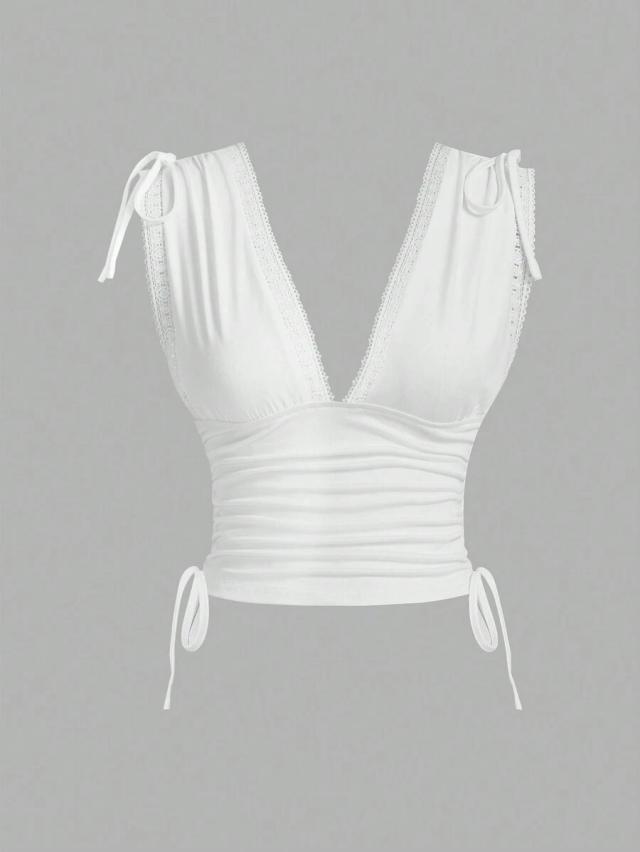 white ruched shoulder strap casual tank top