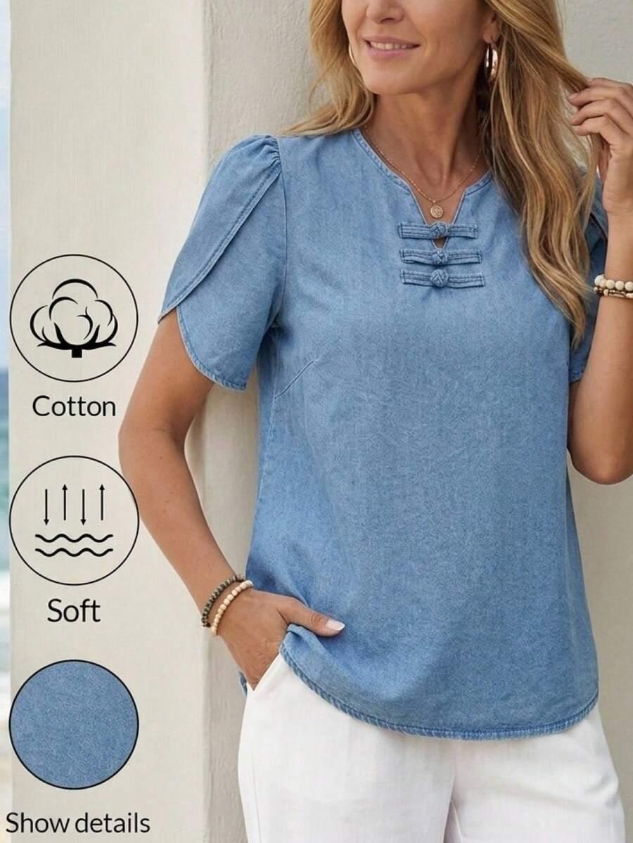 light blue denim button-down short-sleeved chinese style blouse