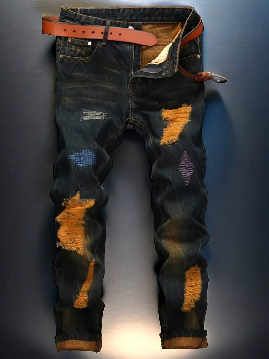 men's straight slim distressed dark wash denim jeans