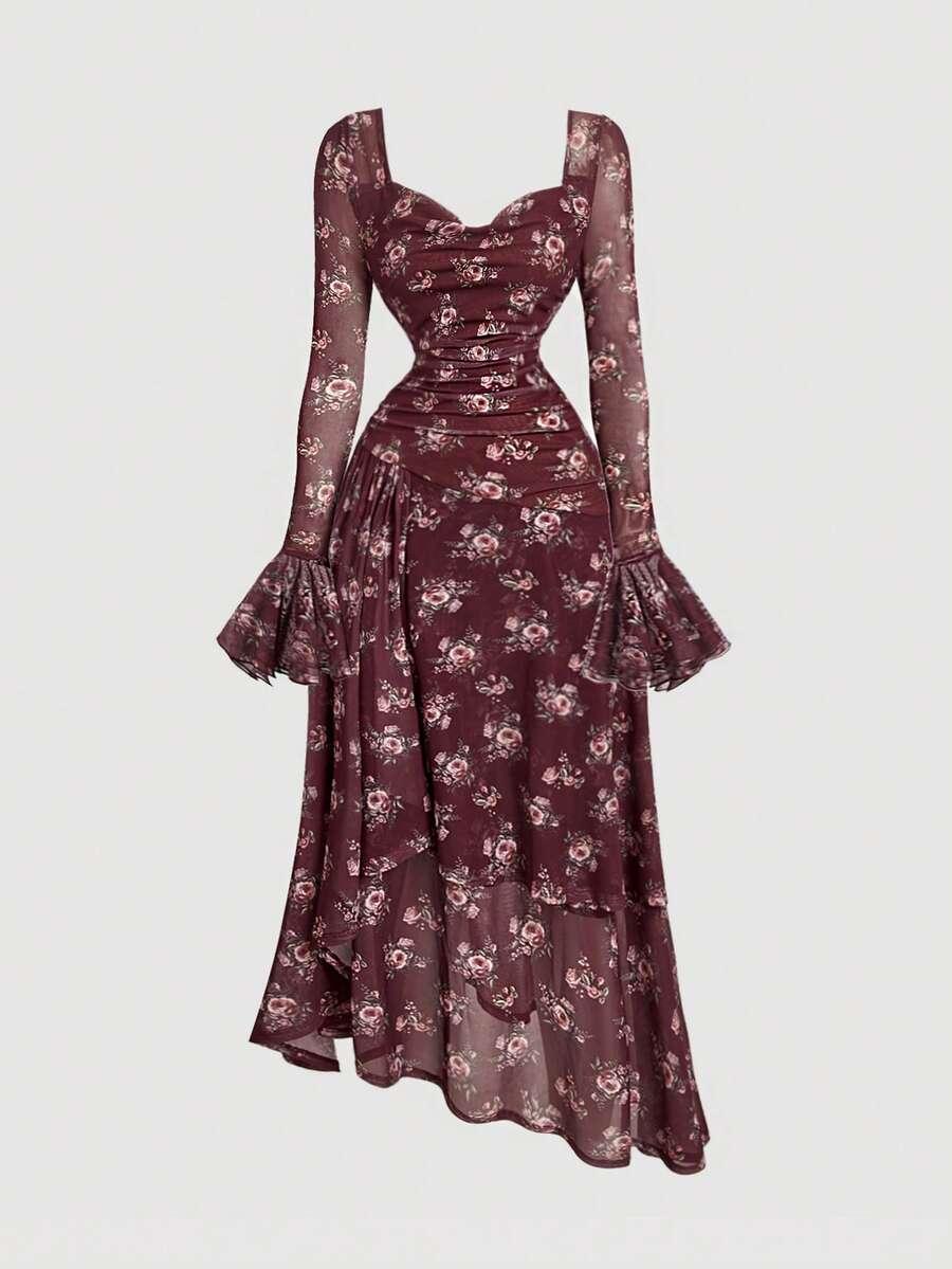 dusty pink floral print long sleeve tiered dress