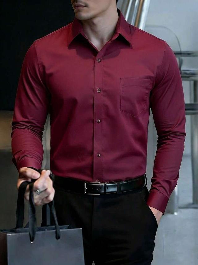 burgundy solid color long sleeve button-up shirt