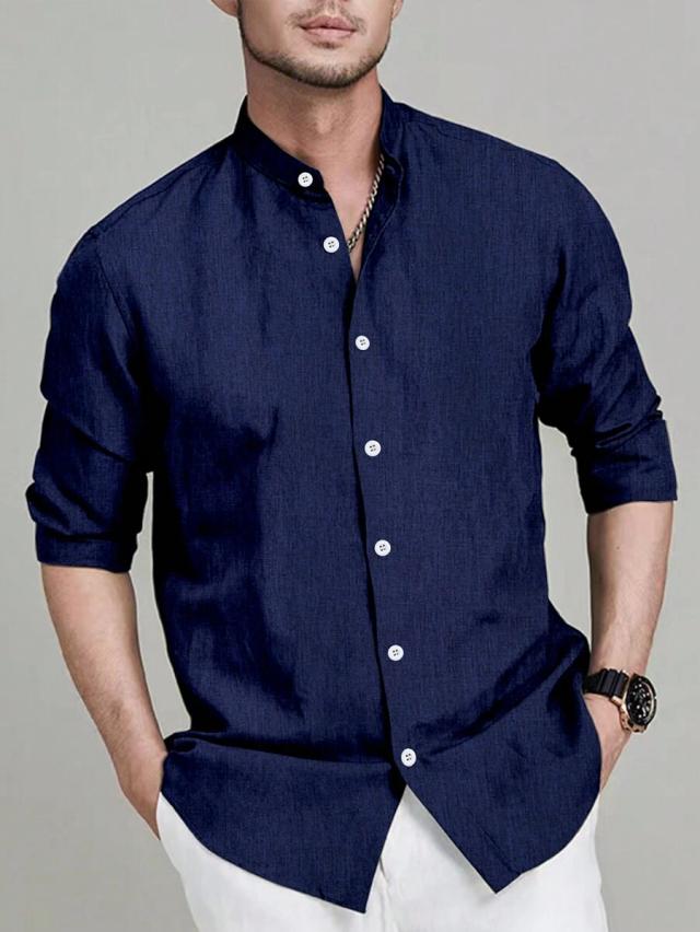 navy blue linen blend stand collar long sleeve shirt