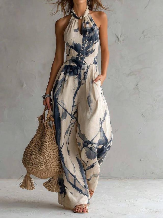 halter neck printed wide leg jumpsuit