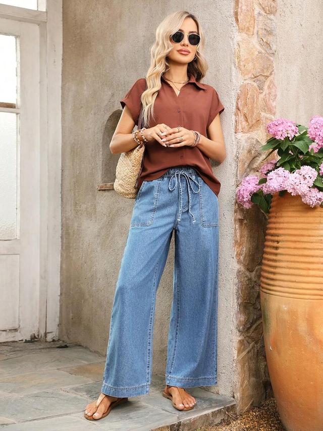breezaya women's drawstring waist wide leg denim jeans