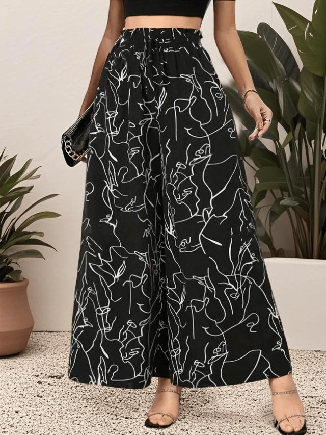 women's pleated waist wide leg abstract print trousers