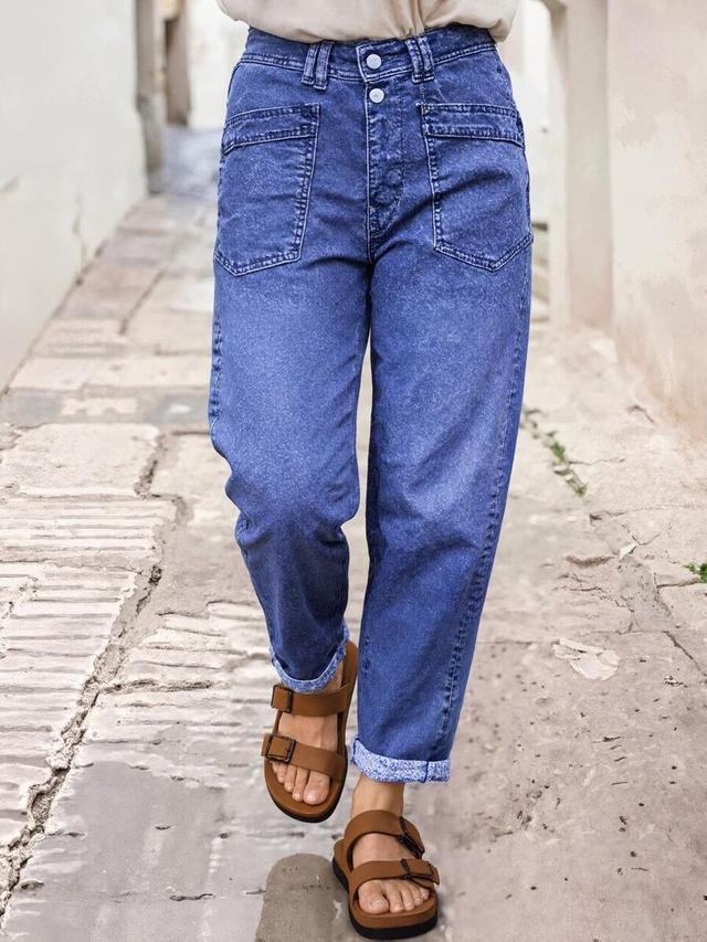 blue acid wash denim high-waisted utility jeans