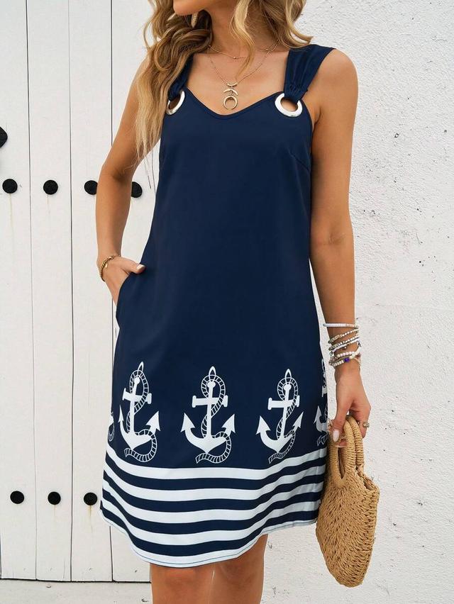 navy blue sleeveless shift dress with anchor print