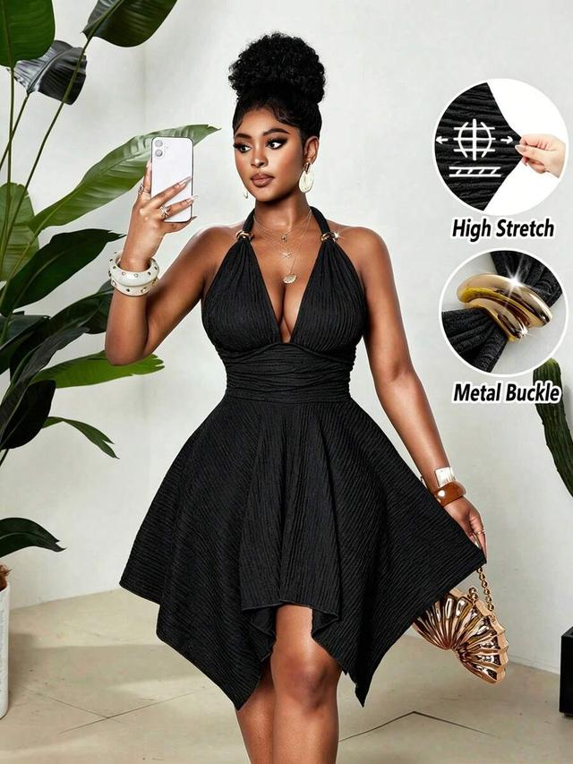 black ribbed halter neck mini dress with metal rings
