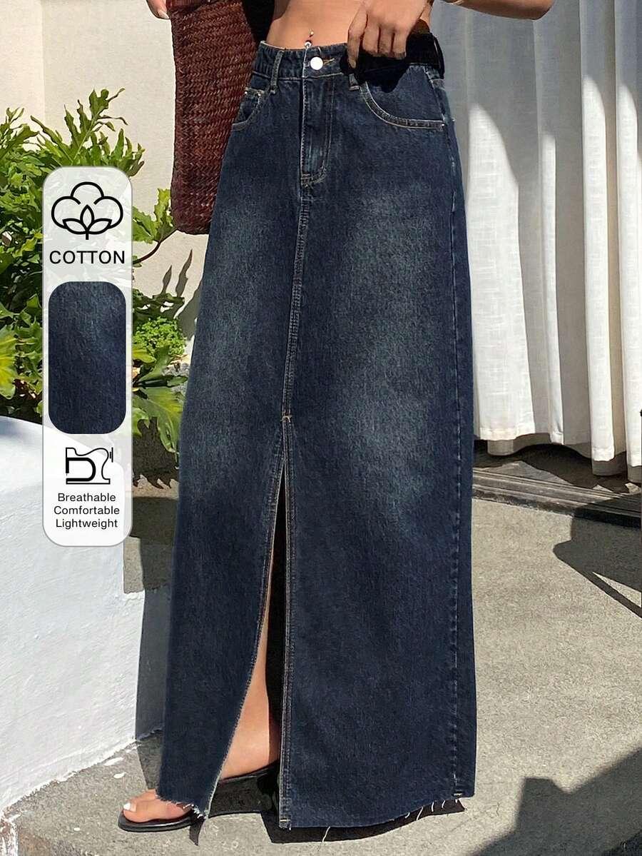 dark wash denim maxi skirt with front slit