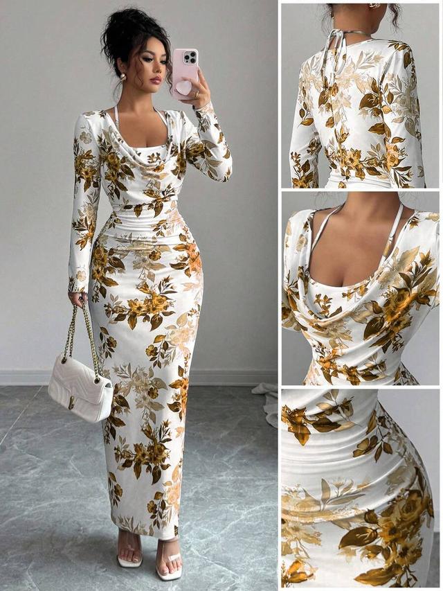 floral print draped neck bodycon midi dress