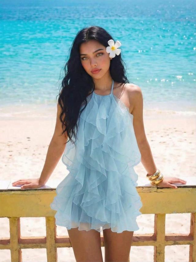 light blue ruffle halter backless crinkle dress