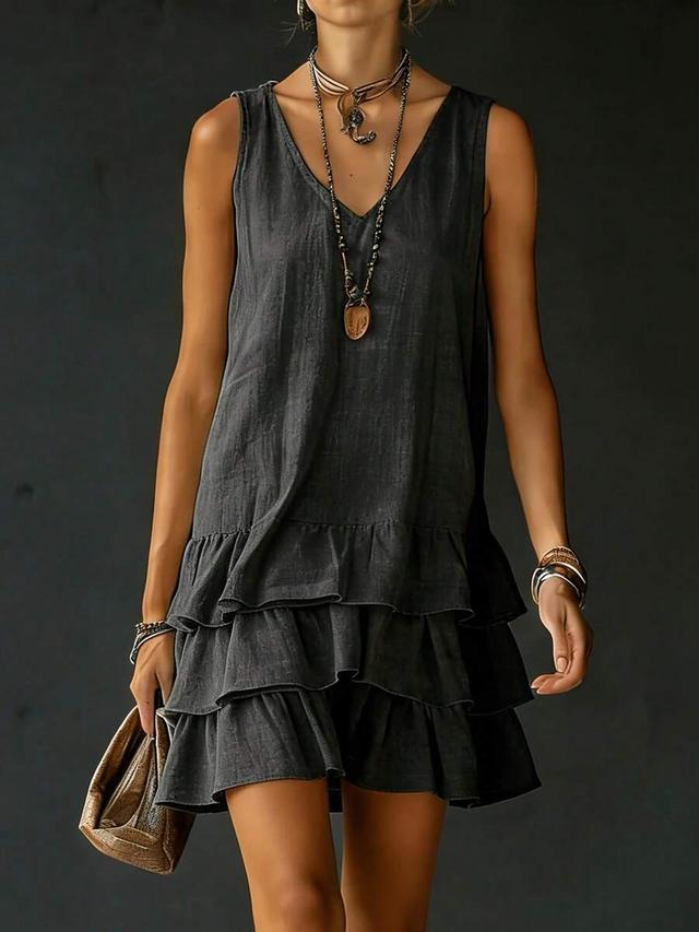 charcoal grey linen tiered sleeveless mini dress