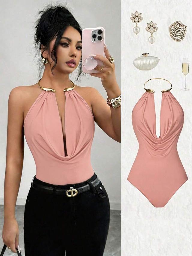 dusty pink draped metal collar bodysuit