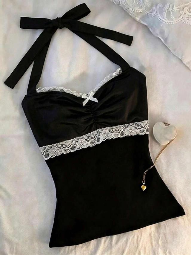 islasuriya black halter top with white lace trim