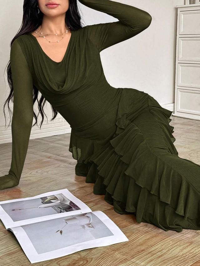 olive green mesh cowl neck ruffled maxi dress