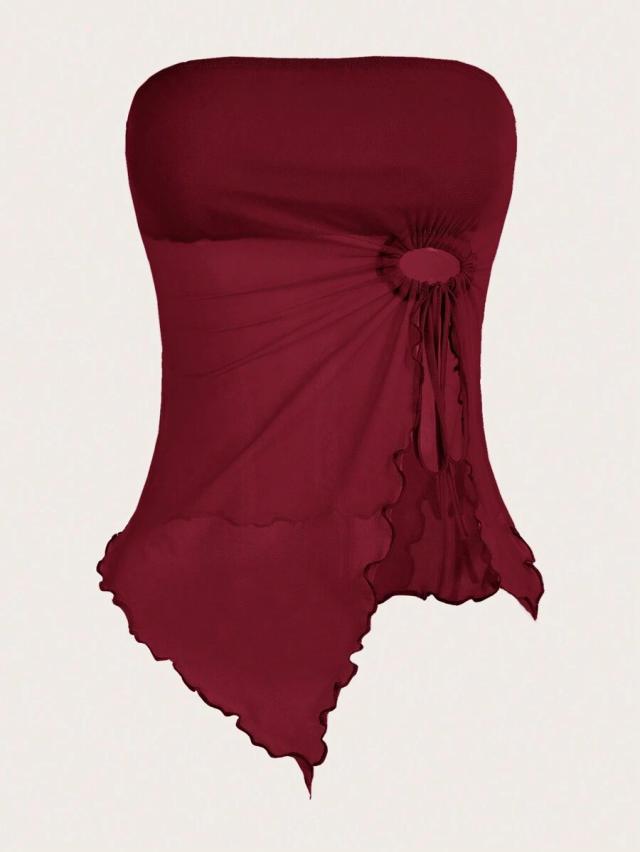 burgundy drawstring side asymmetrical hem tube top