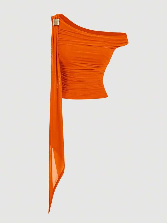 asymmetric orange ruched off the shoulder top