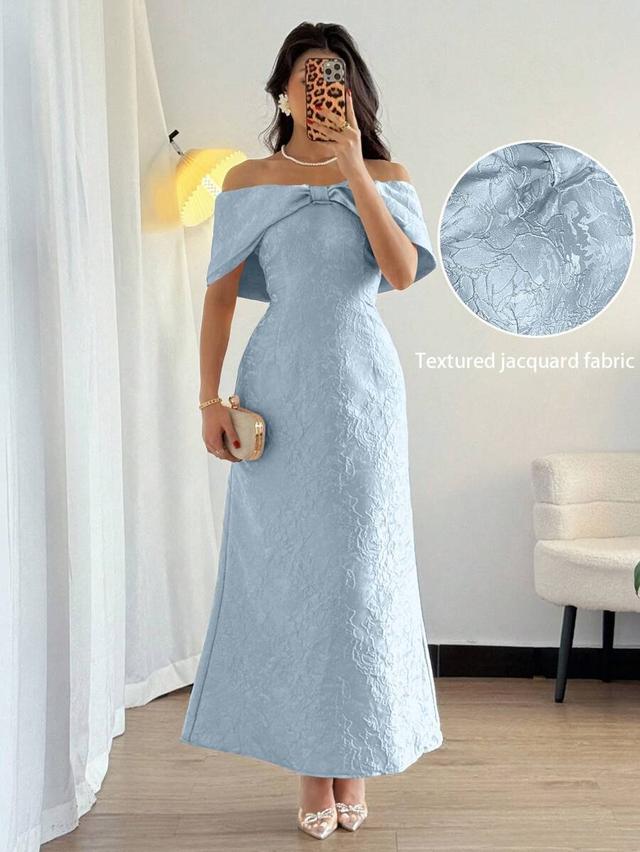 elegant navy blue off shoulder jacquard satin midi dress