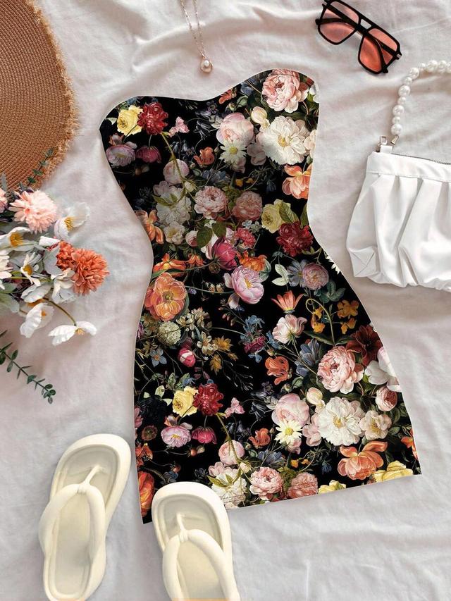 soleia women's black floral boho oil painting mini dress