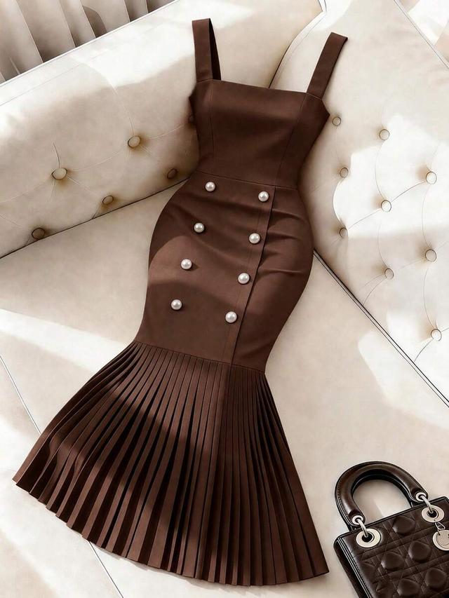 brown square neck sleeveless pleated hem midi dress