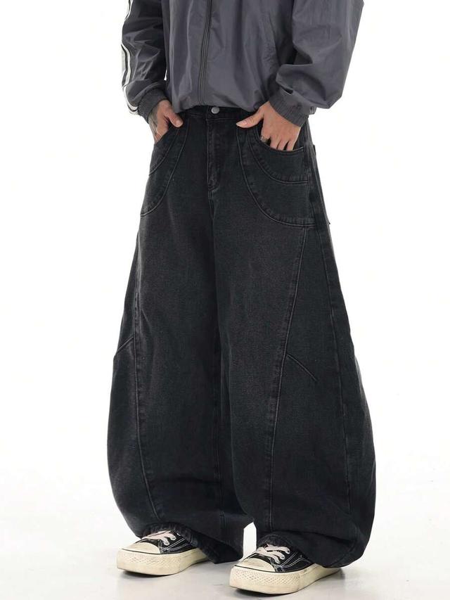 distressed black patchwork barrel leg jeans