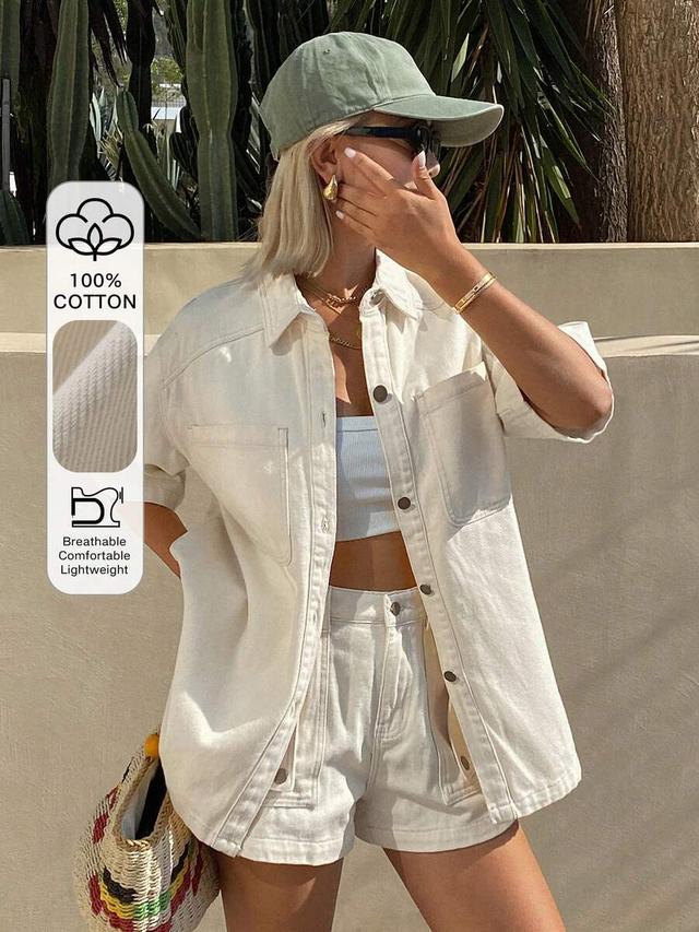 off-white cotton denim short sleeve shirt and shorts set