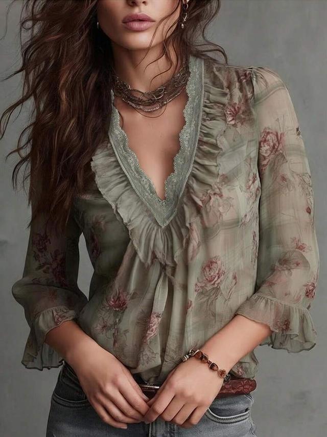 vintage floral print chiffon blouse with lace ruffle trim