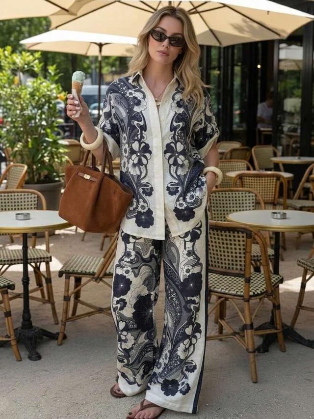 floral print short sleeve shirt and wide leg trousers