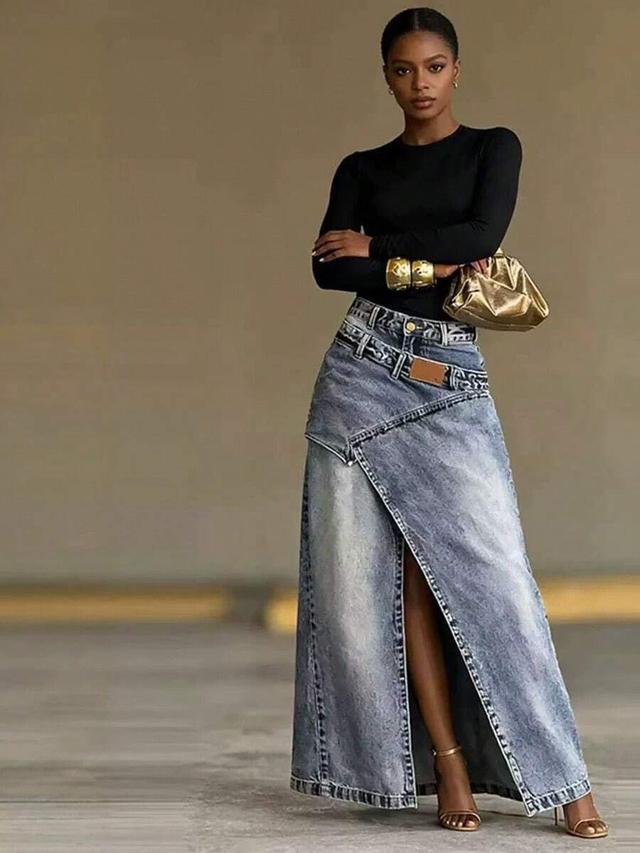 women high waist washed denim maxi skirt with diagonal seam