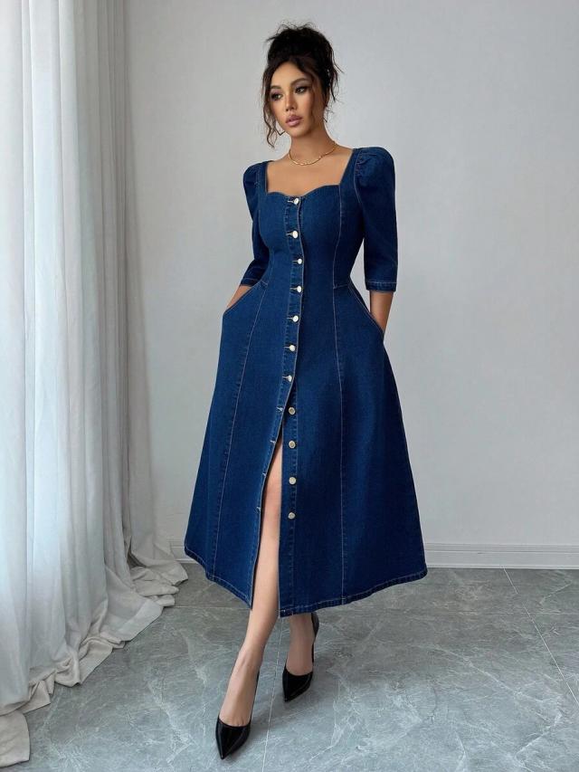 Dark Wash Denim Midi Dress with Button Front