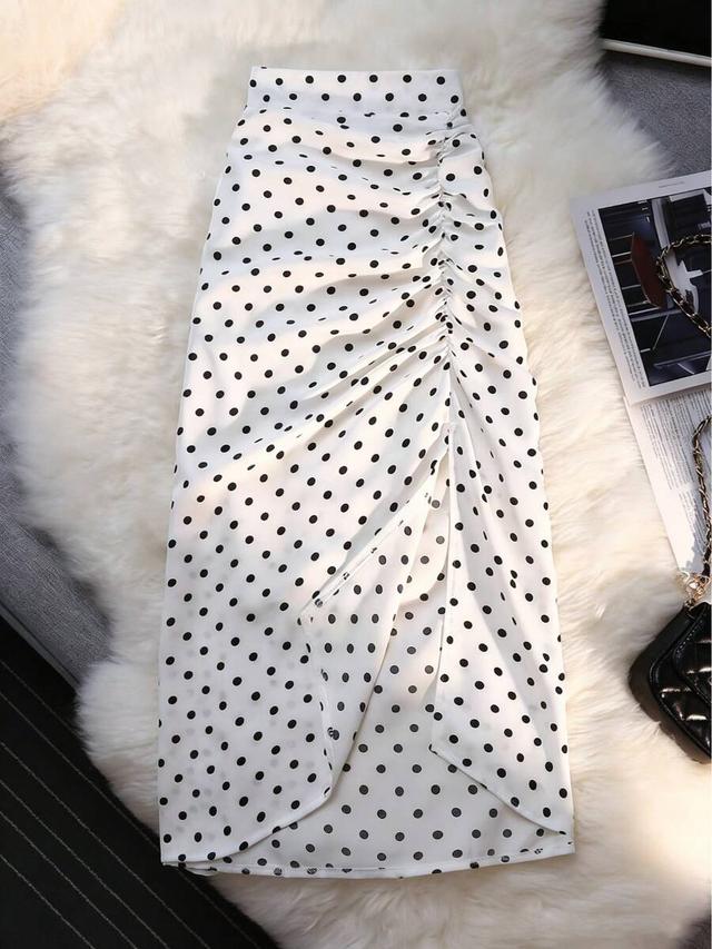 women's vintage style side ruched slit polka dot skirt