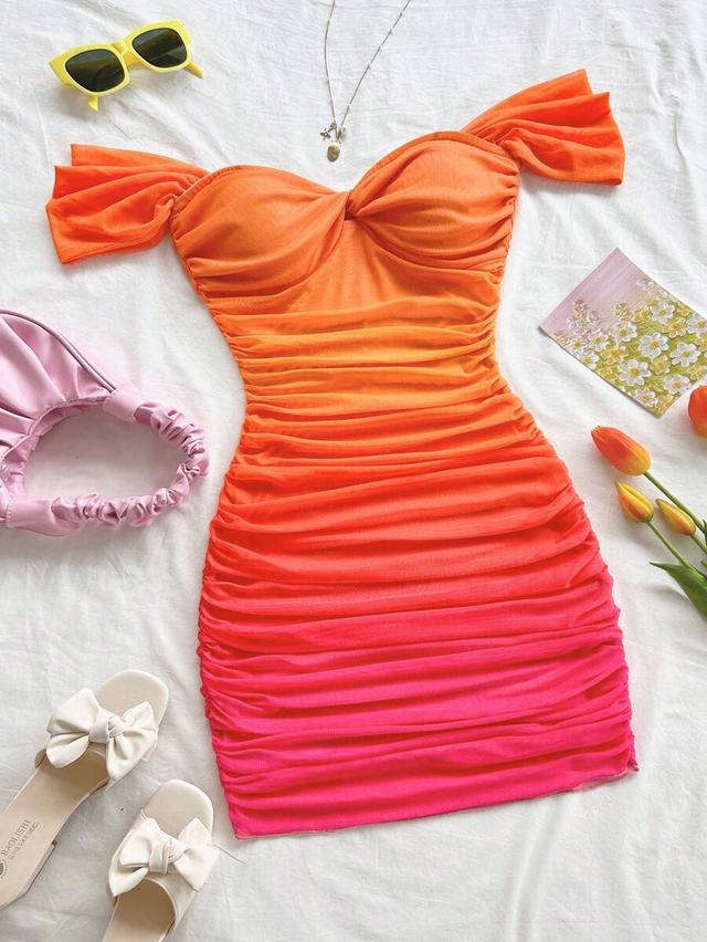 orange to pink ombre ruched off-shoulder mini dress